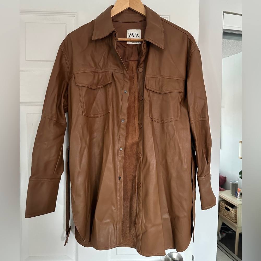 Fake leather button up top / jacket with belt